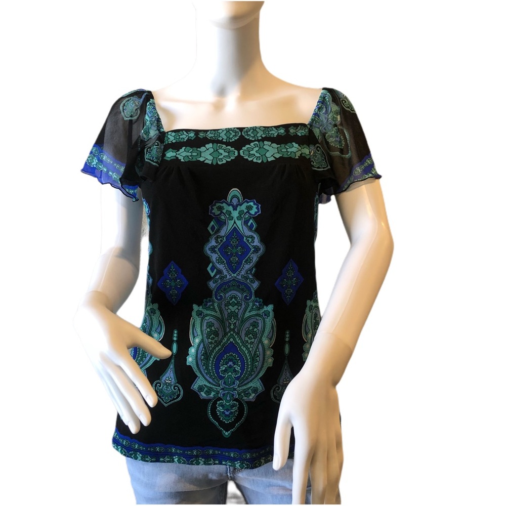I.N.C. Paisley Short‎ Sleeve Blue Green Blouse Small Fairy Coquette Whimsigoth